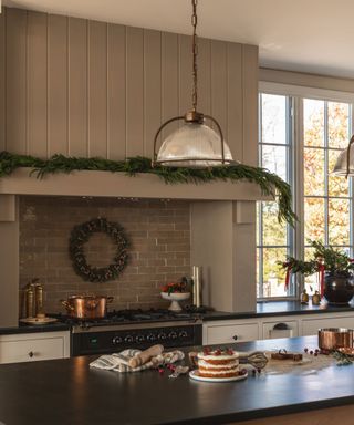 Neutral kitchen decorated for Christmas