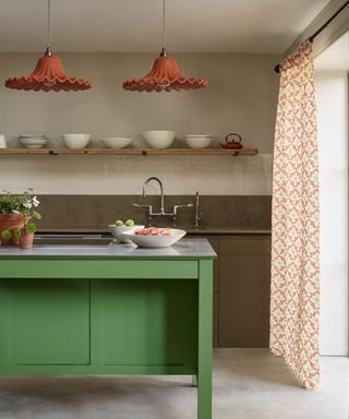 David Hunt Lighting Astrid pendants in Marmalade in a modern rustic kitchen with a green kitchen island