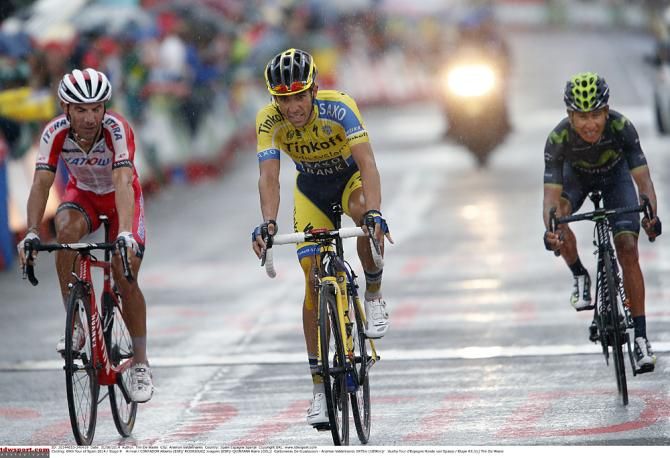 Alberto Contador (Tinkff-Saxo) arrives to the line with Joaquin Rodriguez (Katusha) and Nairo Quintana (Movistar)