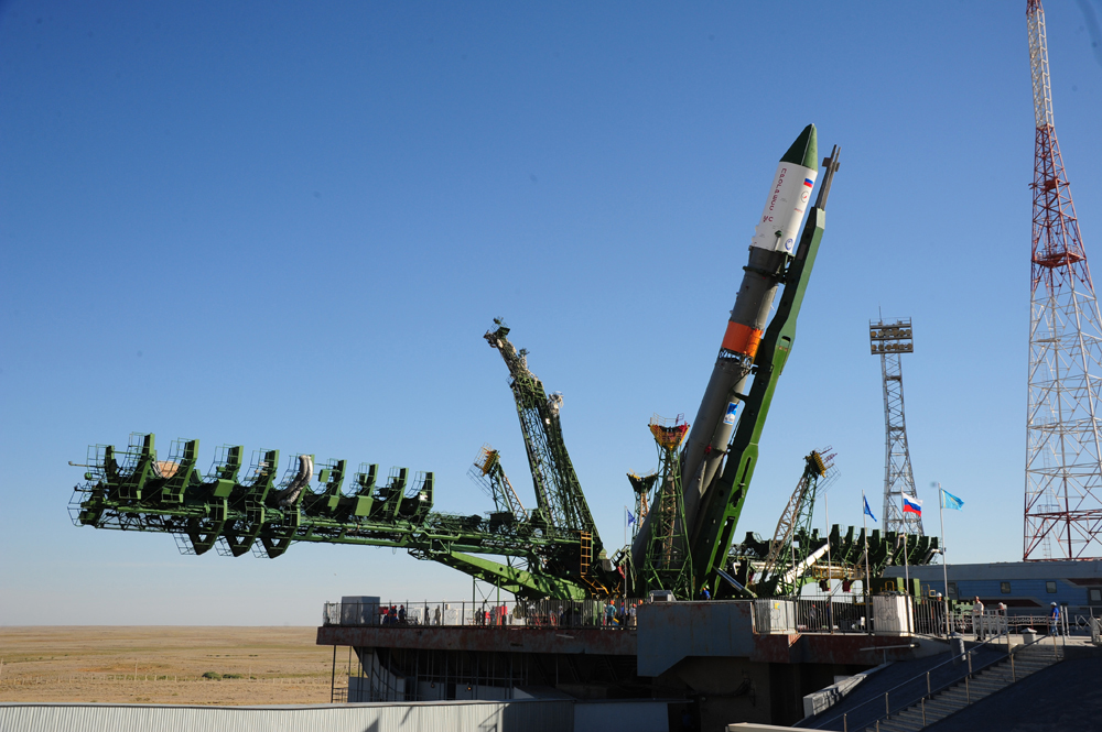 The Russian cargo ship Progress 64 and its Soyuz rocket are raised into launch position ahead of their planned July 16, 2016 launch from Baikonur Cosmodrome, Kazakhstan. 