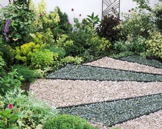 sections of different coloured gravel in a garden design