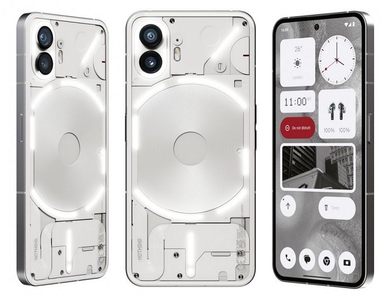 A leaked press render of the Nothing Phone (2) in white.