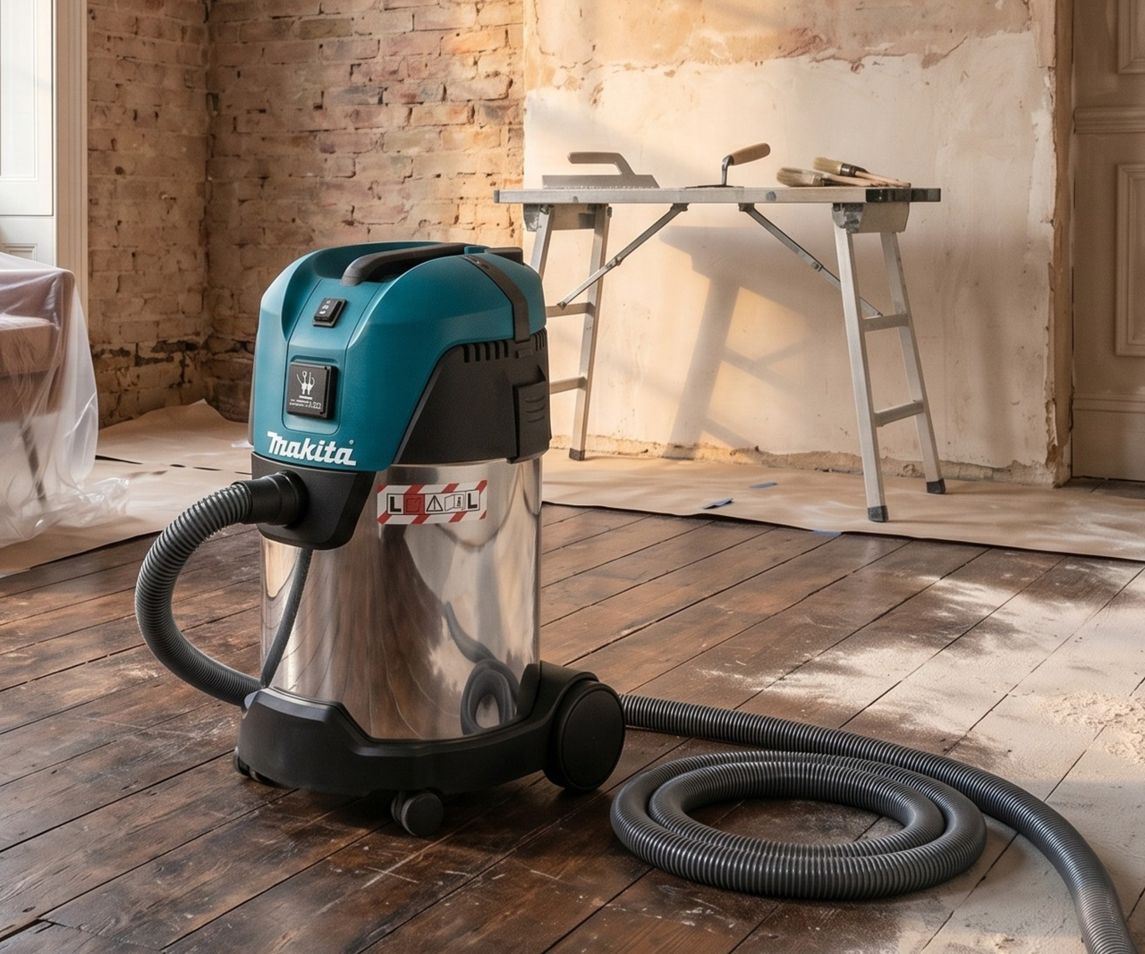 Makita dust extractor in a room with wooden flooring and dust on the floor