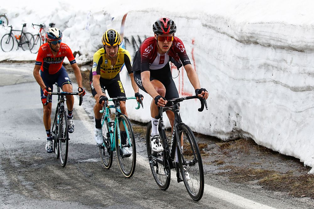 Team Ineos rider Russia's Pavel Sivakov (R), Team Jumbo rider Slovenia's Primoz Roglic (C) and Team Bahrain rider Italy's Vincenzo Nibali (L) ride during stage thirteen of the 102nd Giro d'Italia