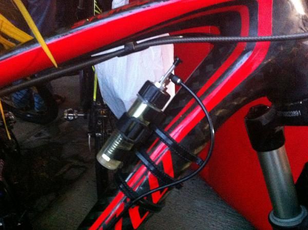 Here is where the lube for the on-bike dispensing system lives on one racer's bike