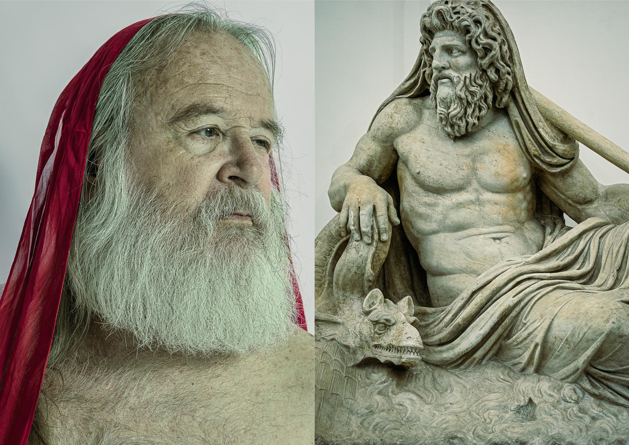 A diptych pairing a bare-chested elderly bearded man draped in red fabric and photographed from the chest up against a Roman marble sculpture of a reclining river god attended by a creature, both figures commanding and patriarchal.