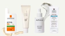 A collage featuring four of the best sunscreens for oily skin included in this guide, from La Roche-Posay, Beauty of Joseon, ALPHA H and KIEHL'S, arranged in a line, on a cream template with two sun cream/moisturiser stock image swatches