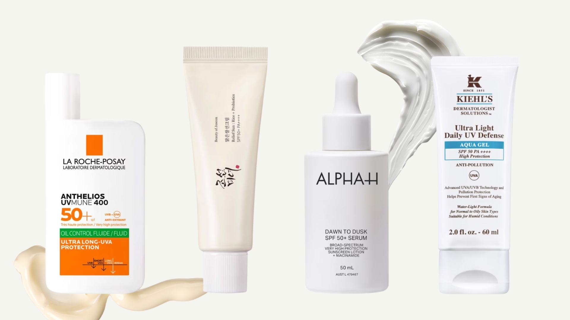 A collage featuring four of the best sunscreens for oily skin included in this guide, from La Roche-Posay, Beauty of Joseon,  ALPHA H and KIEHL'S, arranged in a line, on a cream template with two sun cream/moisturiser stock image swatches
