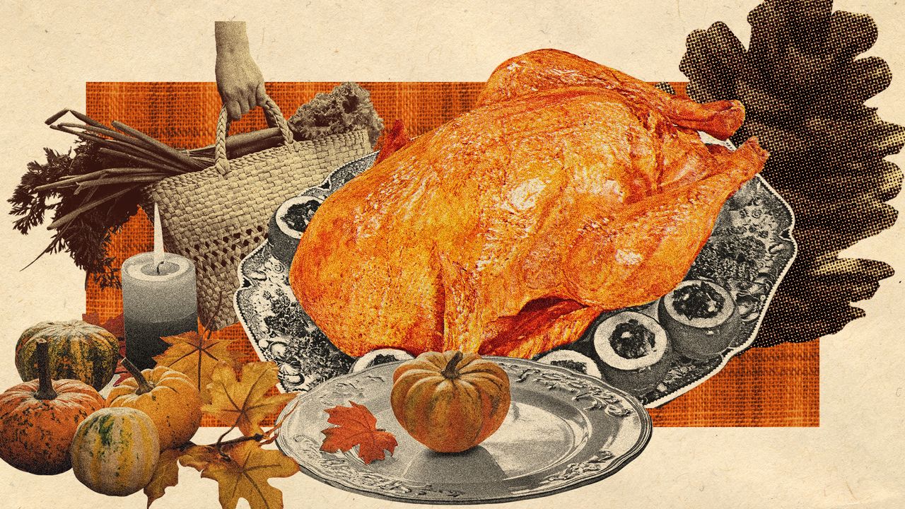 Photo collage of a roast turkey, eco-friendly table settings, and a hand holding a wicker bag full of farmer&#039;s market produce