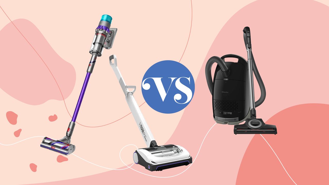 A dyson stick vacuum, Gtech upright vacuum, and Miele cylinder vacuum on a pink background