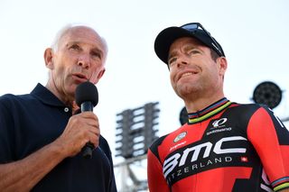 Phil Liggett and Cadel Evans at the 2015 Tour Down Under (Watson)