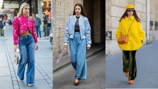 Street style influencers showing shoes to wear with wide-leg pants platform shoes