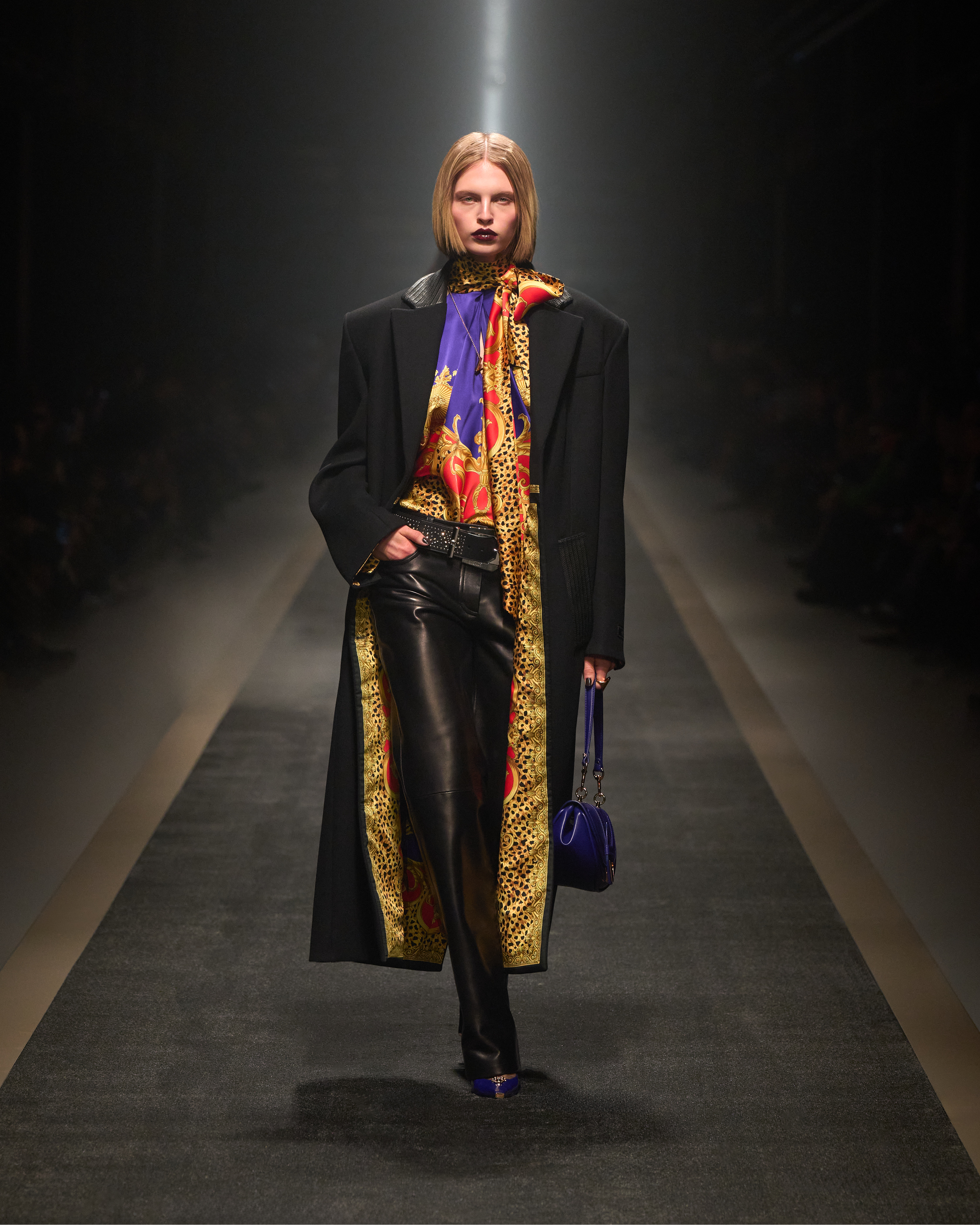 Versace leather trousers and silk shirt from AW25