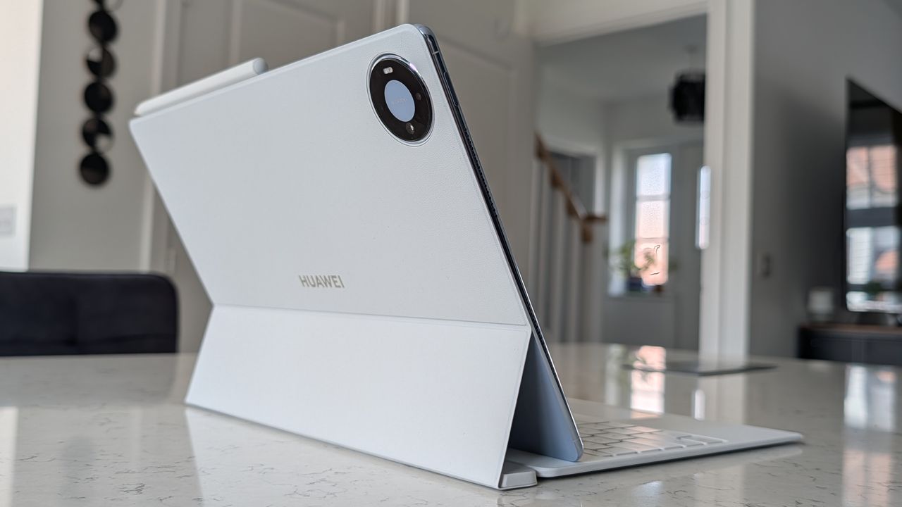 Photos of the Huawei MatePad Pro Max resting on a marble table