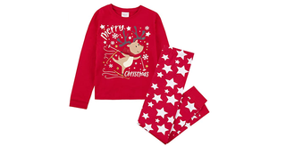 A pair of red and white pjs with a dancing reindeer that says "merry christmas"