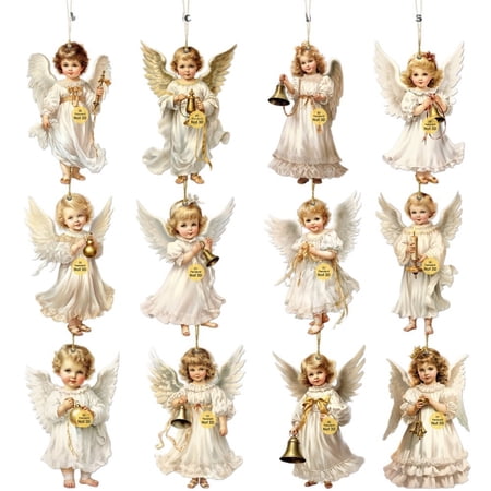 Set of 12 Christmas Angel Ornaments, Vintage Style Resin Hanging Figurines for Christmas Tree, Holiday Party Decorations 3"