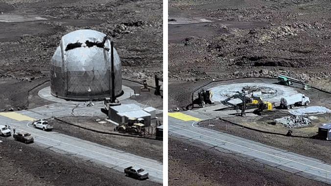 On the left, a telescope dome is seen. On the right, it's gone.