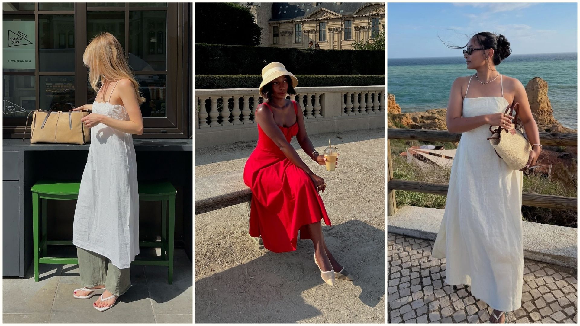 Woman wears white dress and green trousers; woman wears red dress and raffia hat; woman wears white dress and basket bag