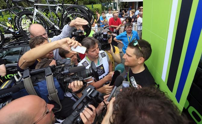 Ted King (Cannondale) talks to the media