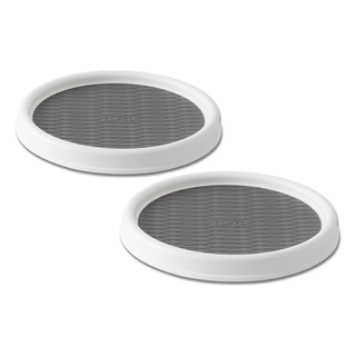 A pair of grey and white Lazy Susan turntables