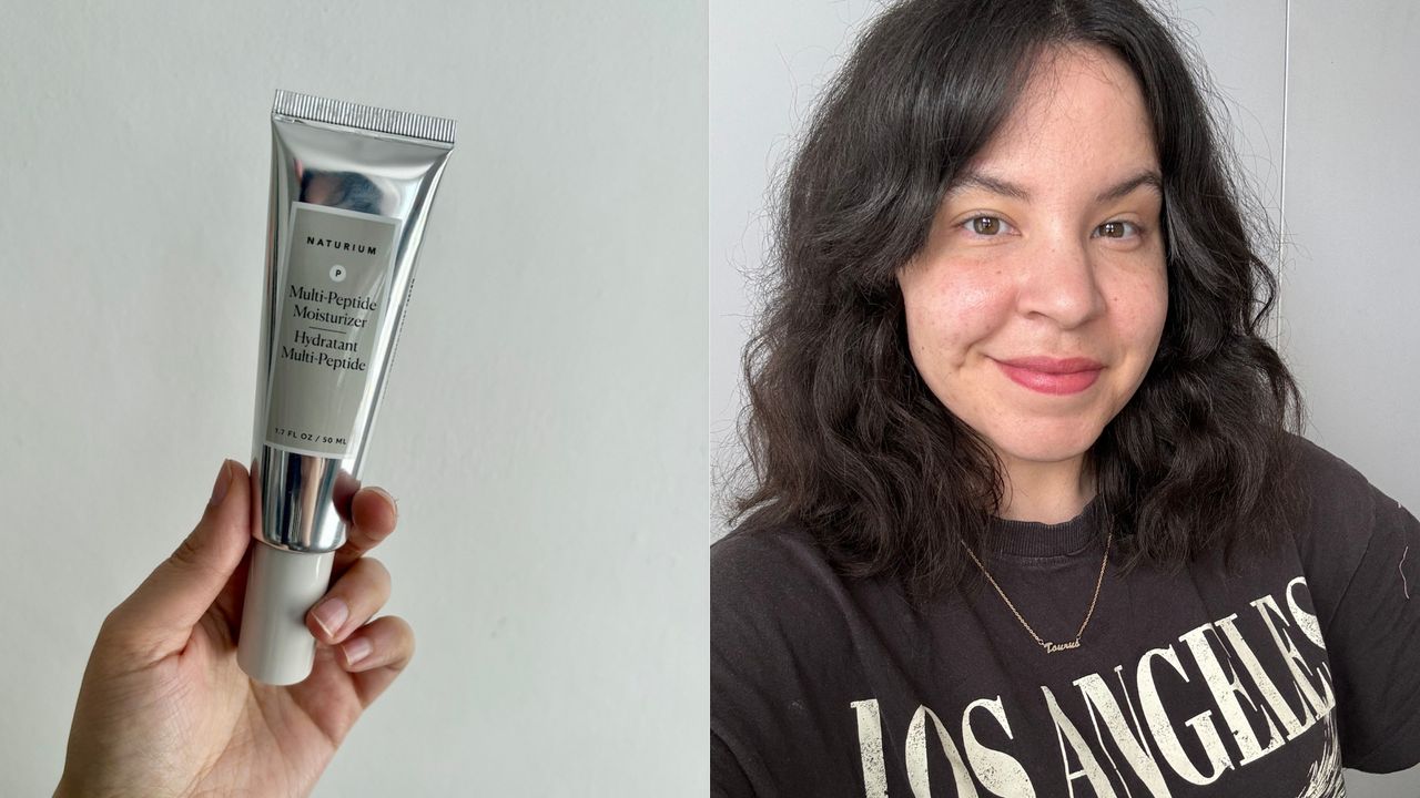 Mica holding a bottle of the Naturium Multi-Peptide Moisturizer and a picture of her with clear, glowing skin