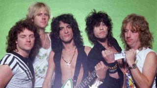 Aerosmith posing for a photograph in 1984