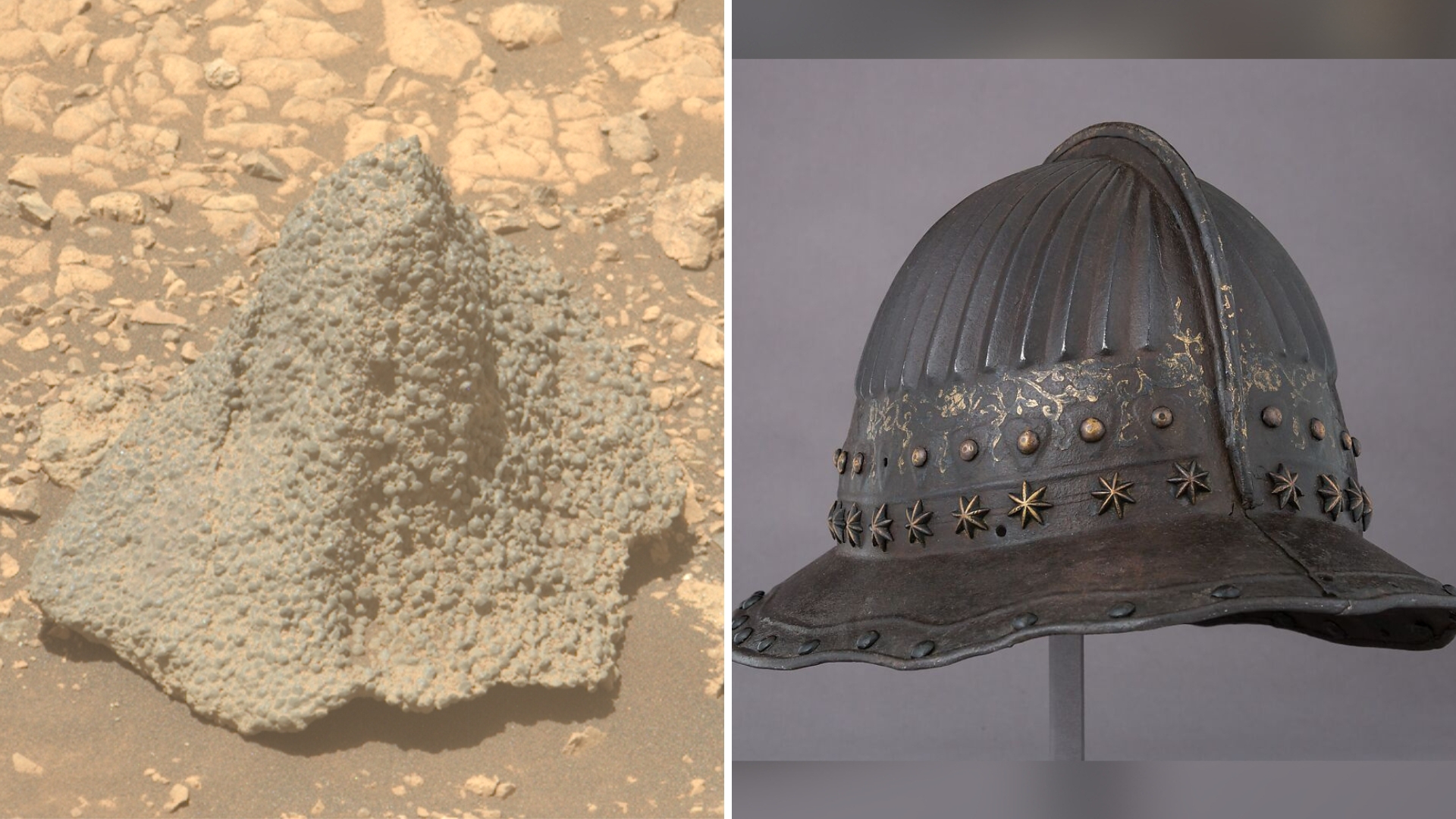 two panel image on the left is a rock on mars that looks like the helmet on the right