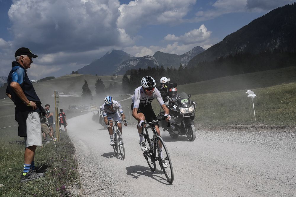 Chris Froome (Team Sky) climbs to Plateau des Glieres