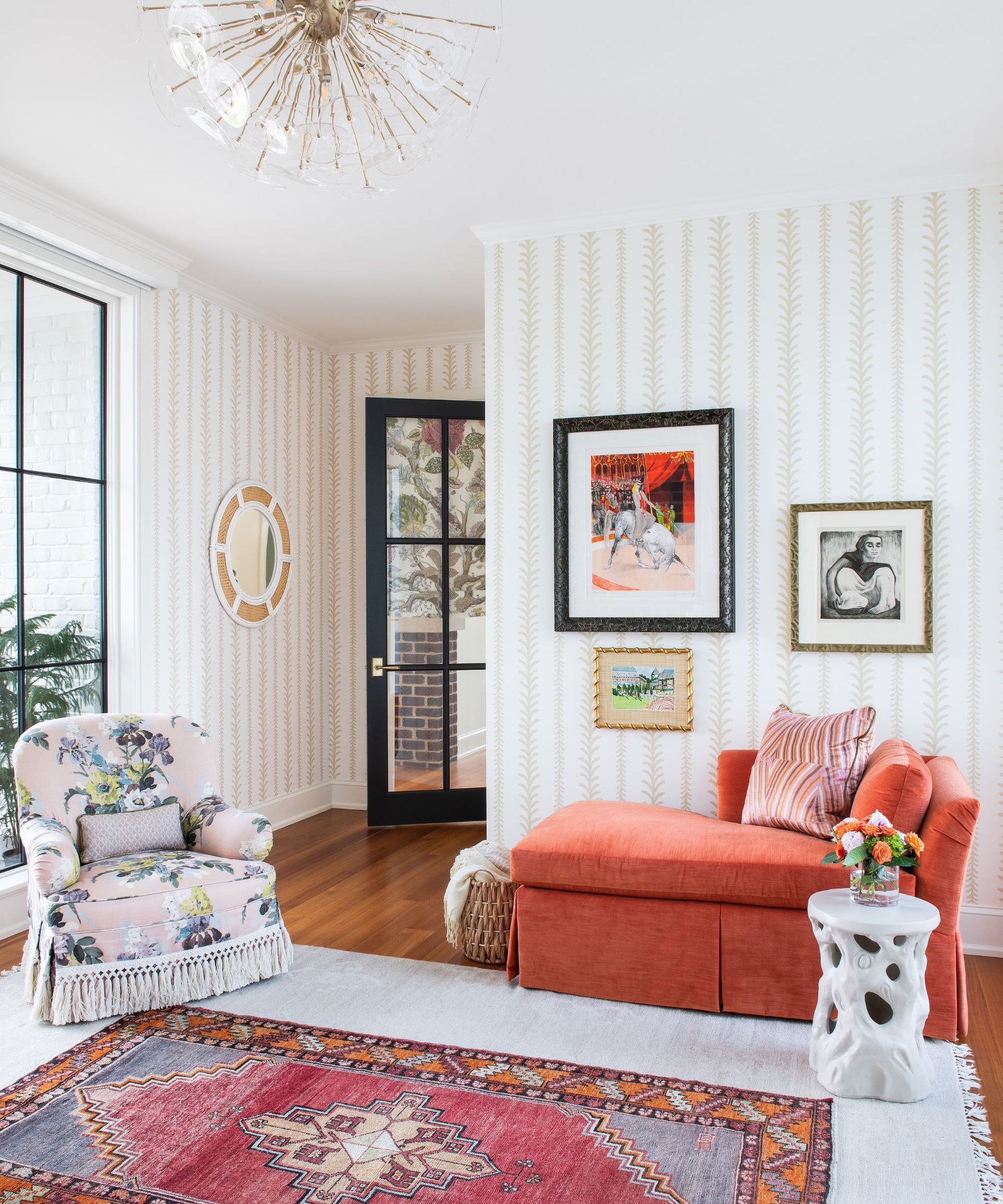 Orange armchair, white rug and table