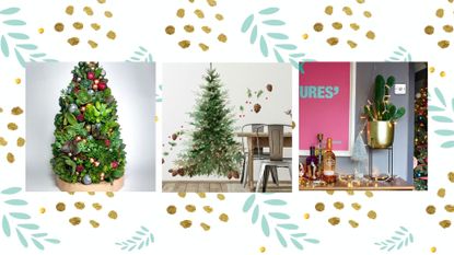 A Mini succulent tree, christmas tree wall sticker and cacti Christmas tree alternatives on a white background with festive decorations