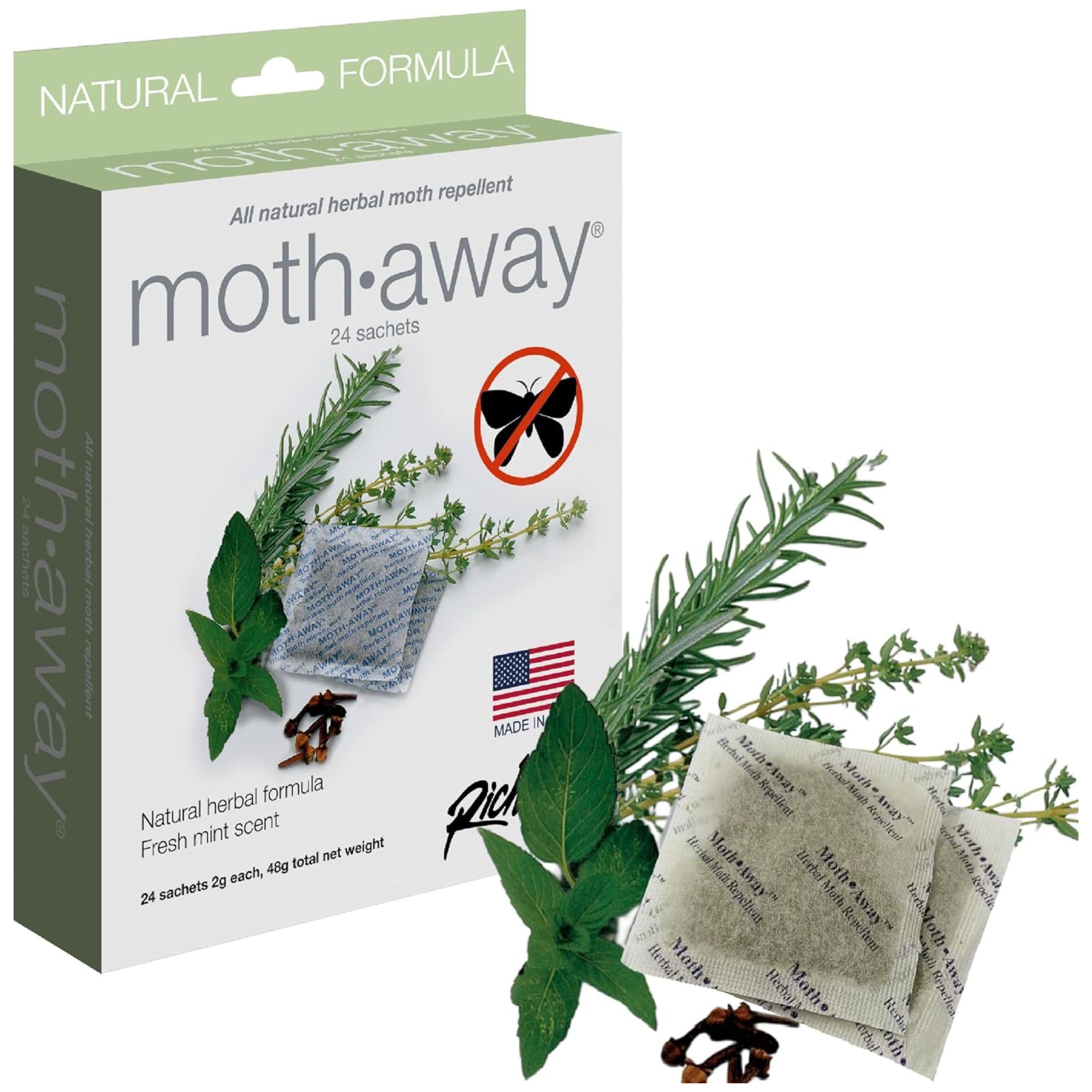 A green and white cardboard packaging box of moth sachets