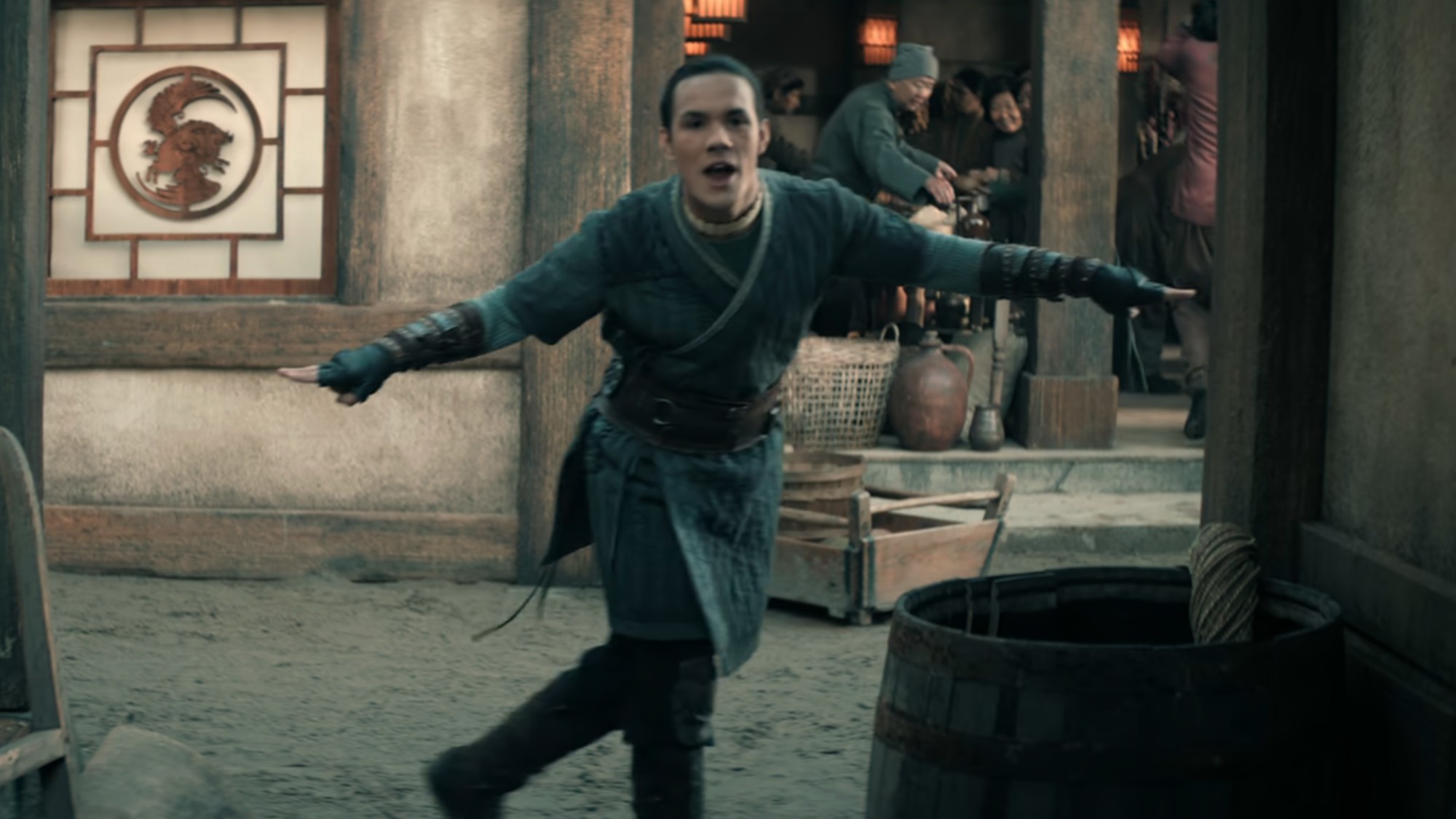 Live-action Sokka putting both hands out and saying "Water Tribe."