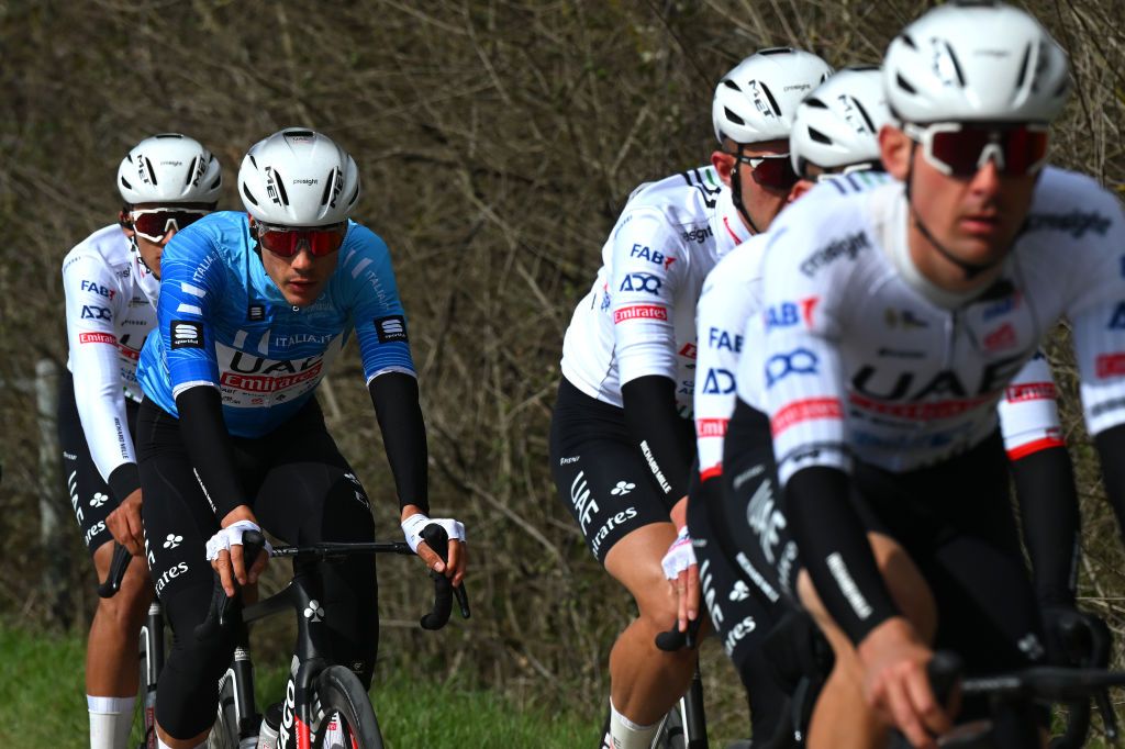 GUALDO TADINO ITALY MARCH 06 Juan Ayuso of Spain and UAE Emirates Team Blue Leader Jersey competes during the 59th TirrenoAdriatico 2024 Stage 3 a 225km stage from Volterra to Gualdo Tadino 527m UCIWT on March 06 2024 in Gualdo Tadino Italy Photo by Tim de WaeleGetty Images