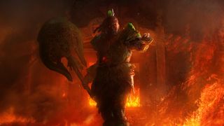 A Karui chieftain surrounded by lava in Path of Exile 2 key art.