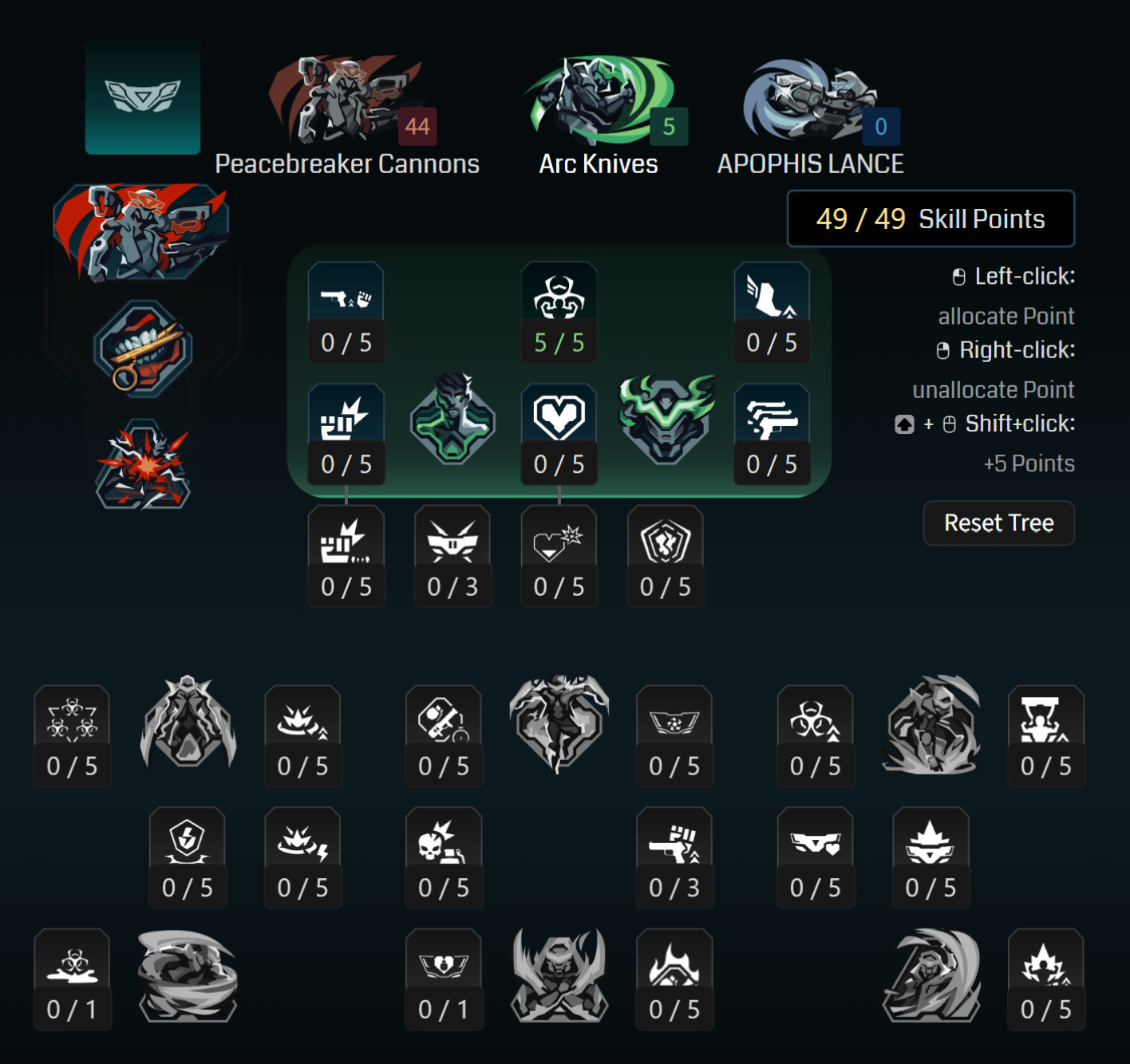 Borderlands 4 Rafa builds: A screenshot of Rafa's This Year's Gimmick tree for his Bullet-Buddy build from Maxroll's builder.