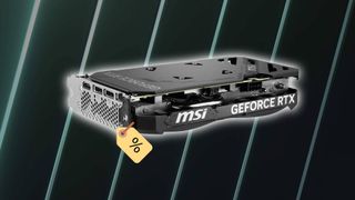 MSI RTX 4060 Ti with green line backdrop and percentage price ticket on left side