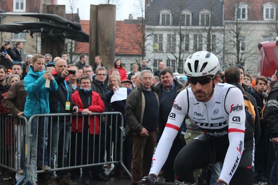 Fabian Cancellara was greeted by huge cheers as he made his way to the start