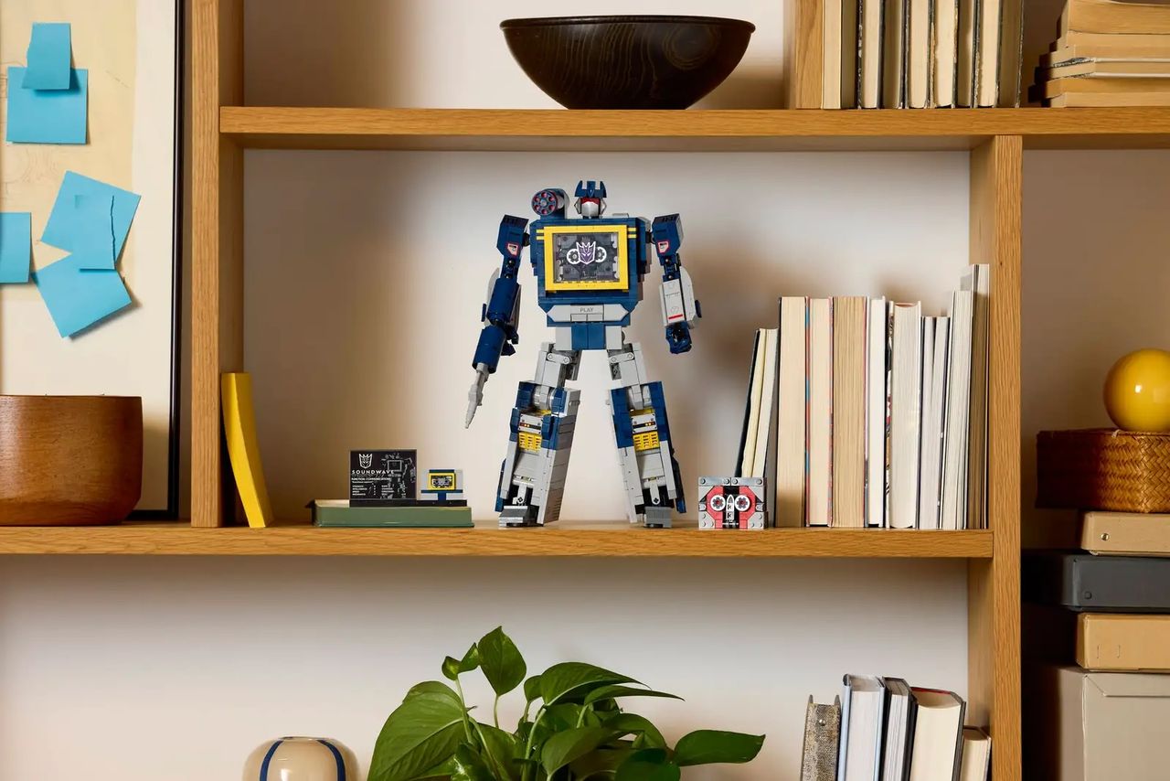 LEGO Transformers Soundwave standing on a shelf