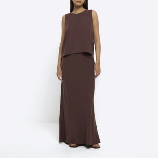 Brown Maxi Bias Skirt With Linen