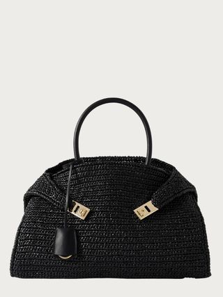 Hug Medium Leather-Trimmed Raffia Tote