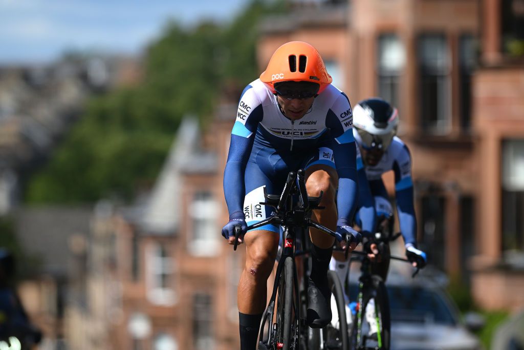 GLASGOW SCOTLAND AUGUST 08 Amir Arslan Ansari of Afghanistan Kiya Rogora of Ethiopia Ahmad Badreddin Wais of Syria and Team UCI World Cycling Centre sprint during the Team Time Trial Mixed Relay a 403km race from Glasgow to Glasgow at the 96th UCI Cycling World Championships Glasgow 2023 Day 6 UCIWT on August 08 2023 in Glasgow Scotland Photo by Dario BelingheriGetty Images