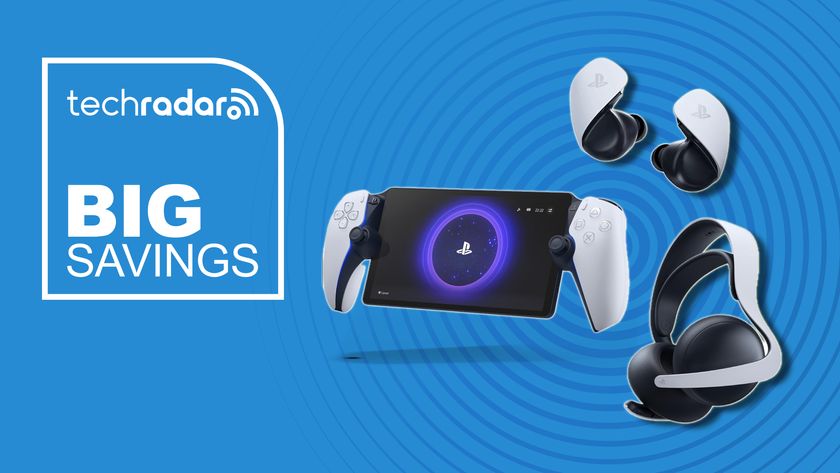 A PS Portal, PS Pulse Elite headset, and PS Pulse Explore earbuds against a blue background