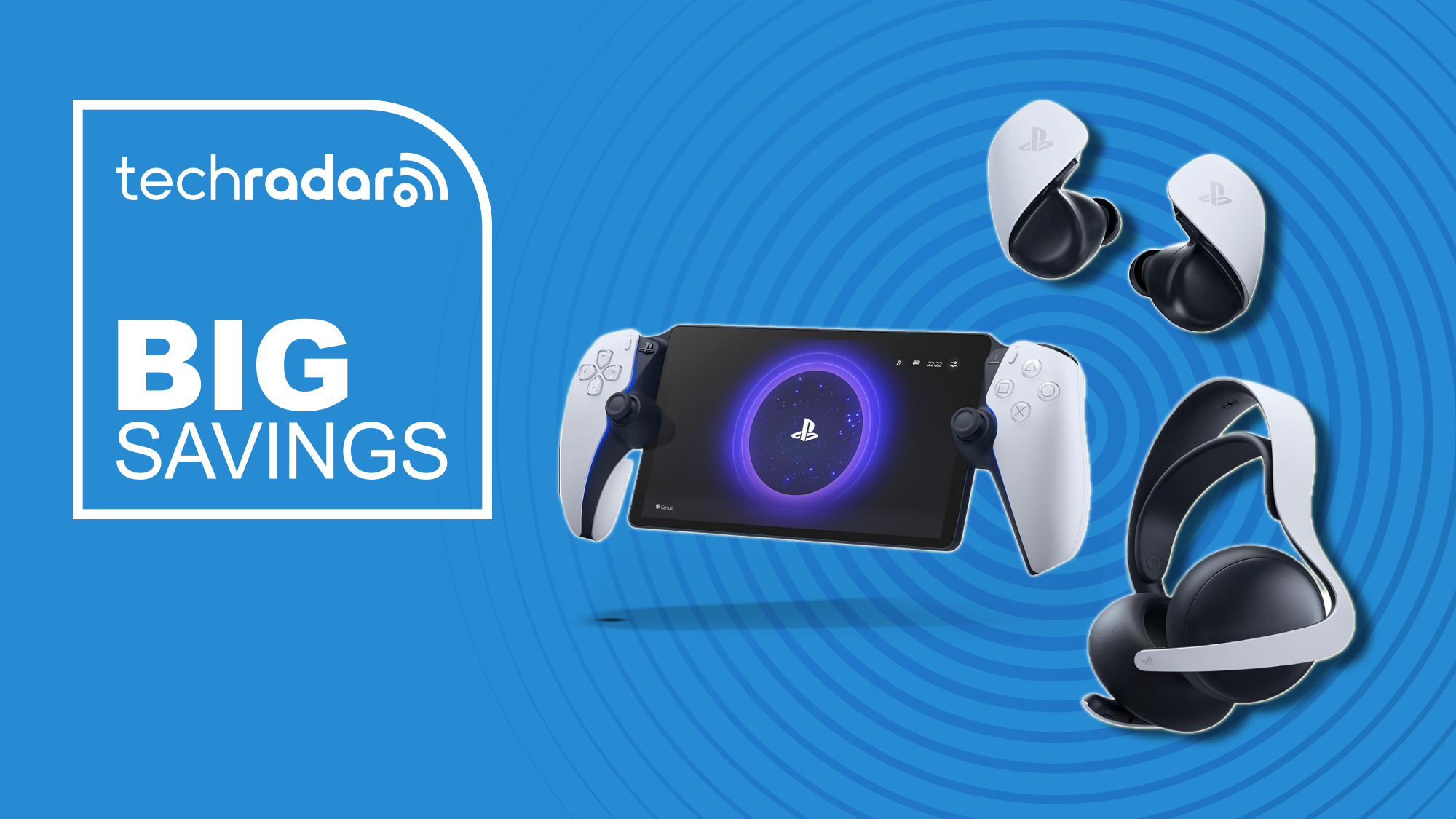 A PS Portal, PS Pulse Elite headset, and PS Pulse Explore earbuds against a blue background