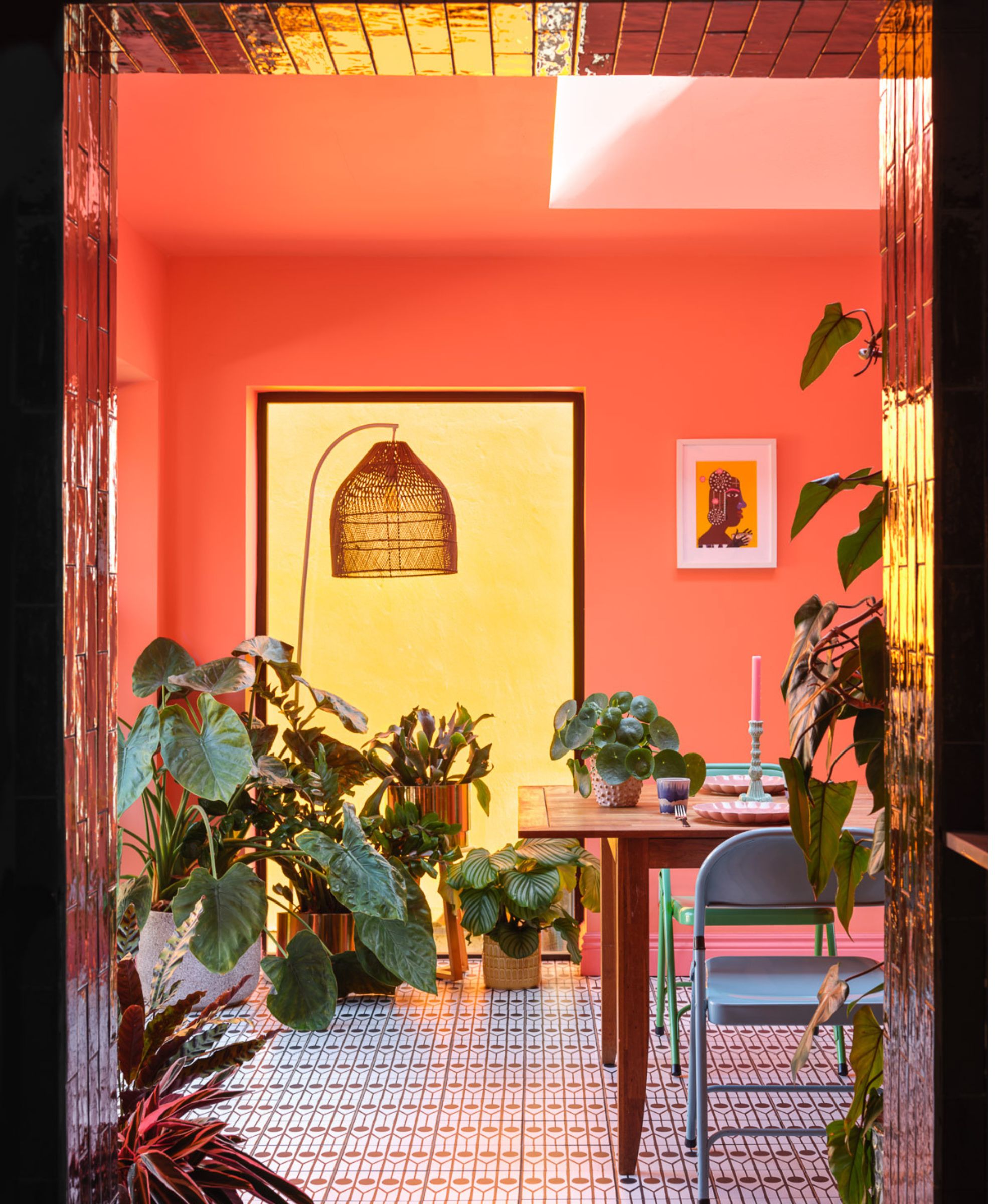 Bright orange room with lots of indoor plants and a dining table set for two