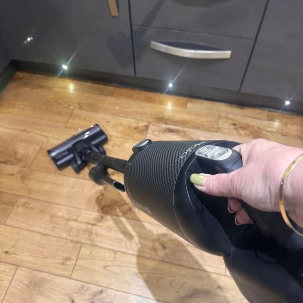 Halo Capsule XR Premium Vacuum, a Reader Approved Awards cleaning category winner, cleaning the floor in a tester&rsquo;s home.