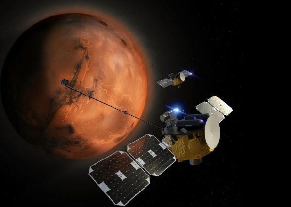 Artist&#039;s illustration of the two EscaPADE spacecraft in orbit around Mars. 