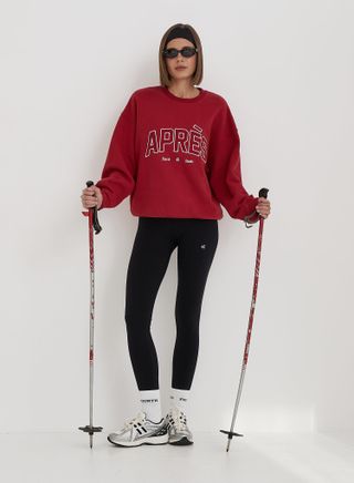 Red Embroidered Apres Slogan Oversized Sweatshirt- Freya - Xs