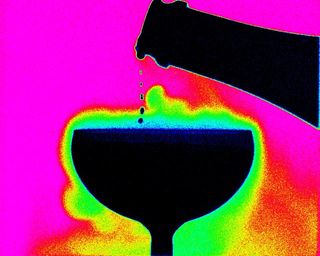 This infrared image shows the gaseous carbon dioxide desorbing when pouring champagne into different glass types.