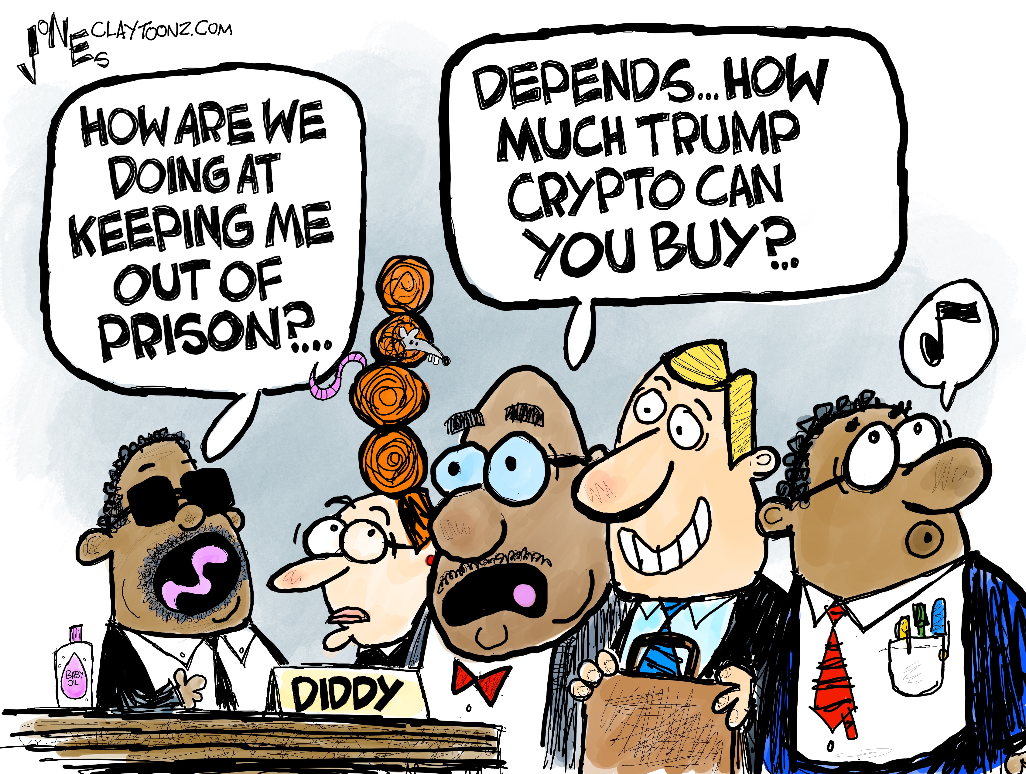 A courtroom scene shows Diddy, with a bottle of baby oil next to him, asking his lawyers, "HOW ARE WE DOING AT KEEPING ME OUT OF PRISON?...". One lawyer answers "DEPENDS... HOW MUCH TRUMP CRYPTO CAN YOU BUY?..." Another lawyer looks away and whistles.