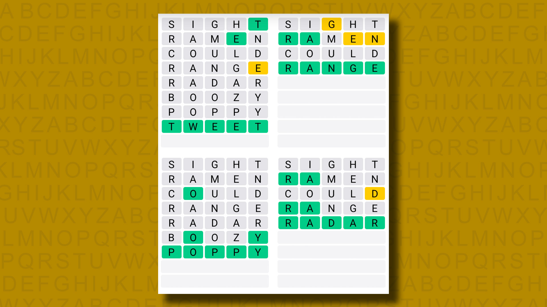 Quordle answers for game 1219 on a yellow background